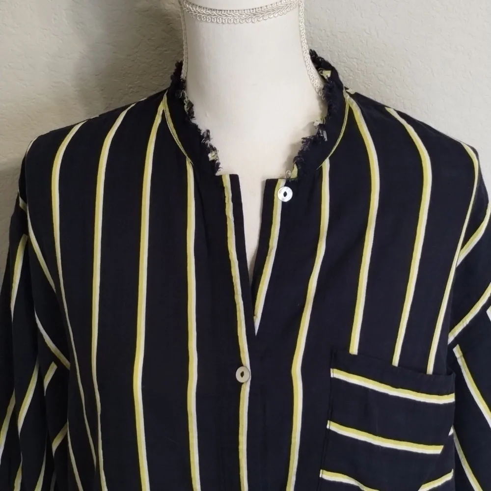 Free People Intimately Navy Yellow White Buttondown Short Sleeve Oversized Small